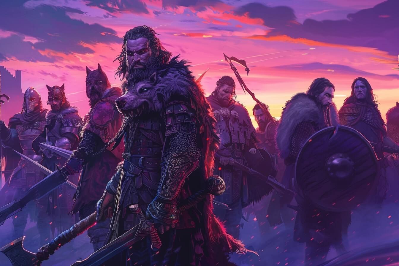 A group of Vikings and knights stands against the backdrop of a purple sunset with shields, swords, spears and maces