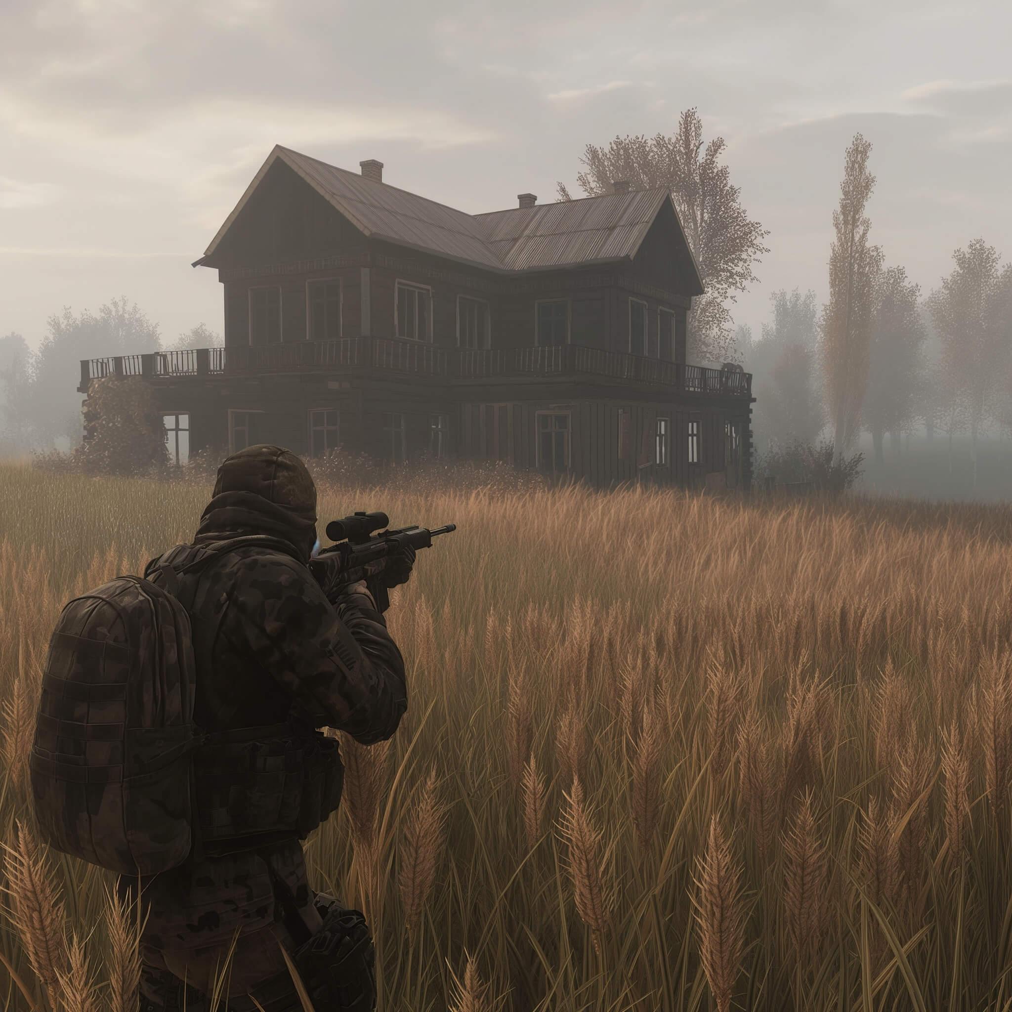 An equipped soldier walks with a weapon through a wheat field to the house