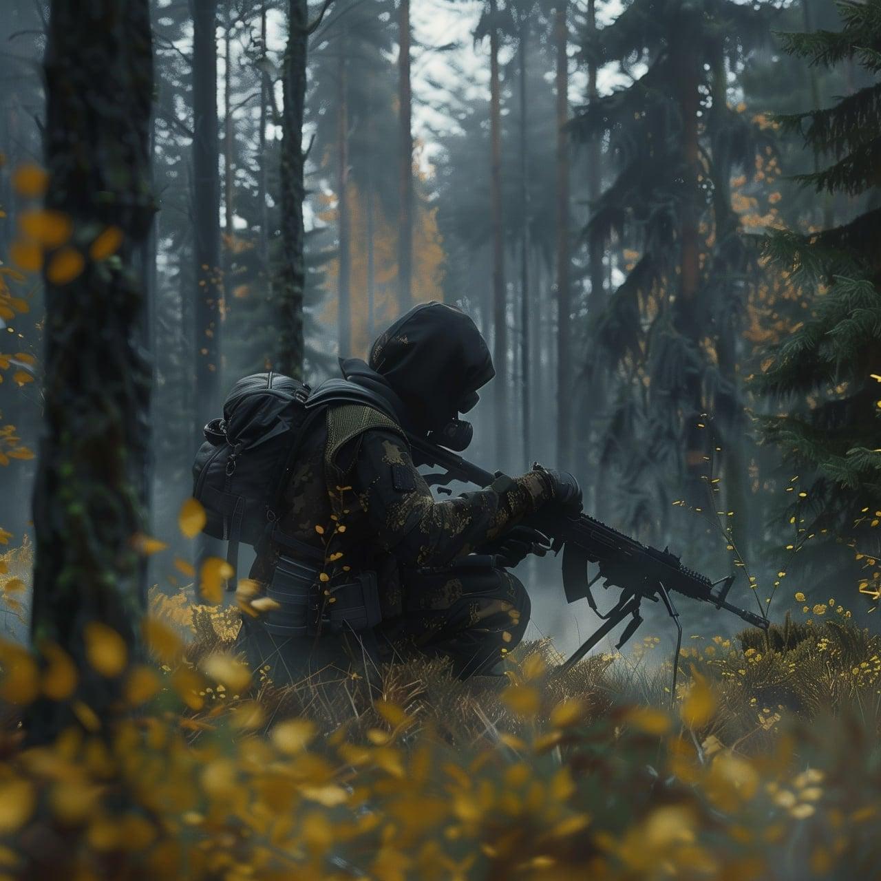 The operative is sitting in the bushes in the forest