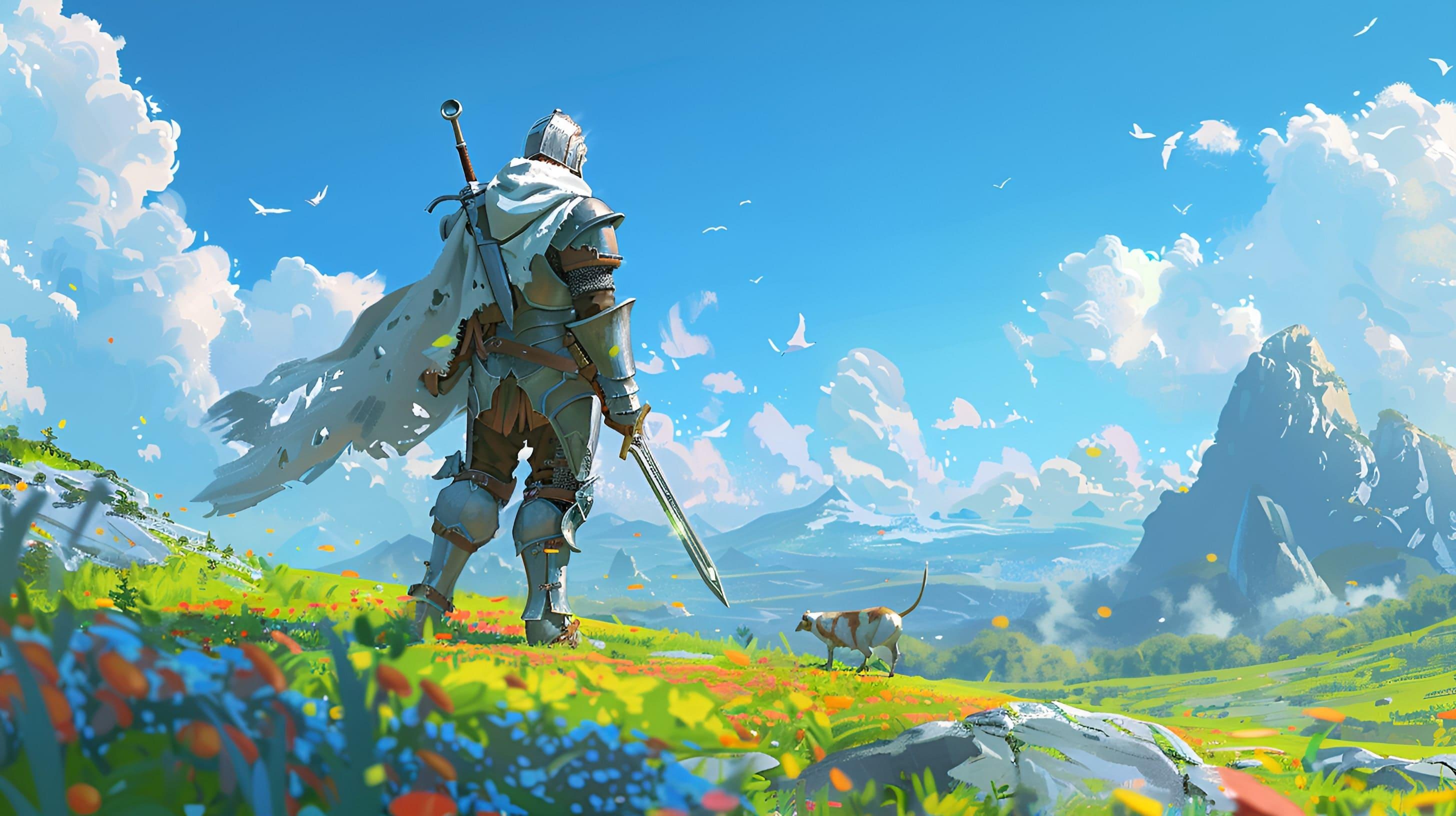 A knight in armor looks at a mountains and field full of flowers, vegetation and animals