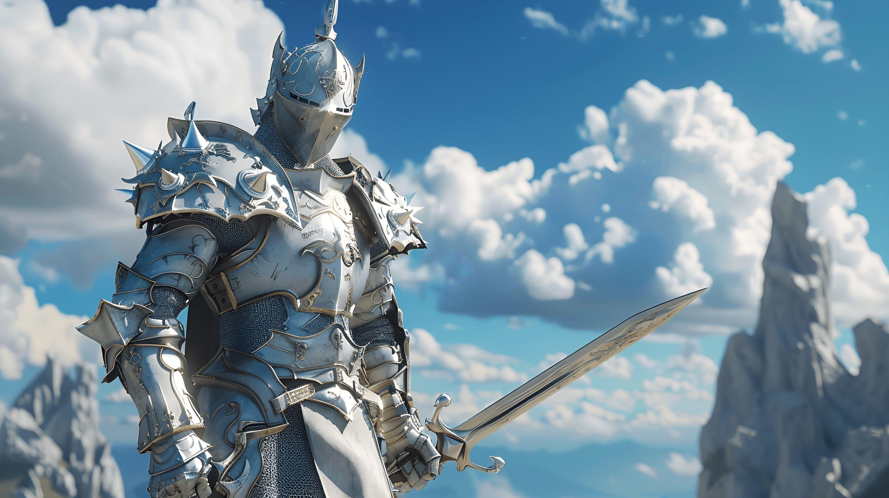 A knight in light shiny armor stands with a sword in his left hand against the background of the sky and mountains