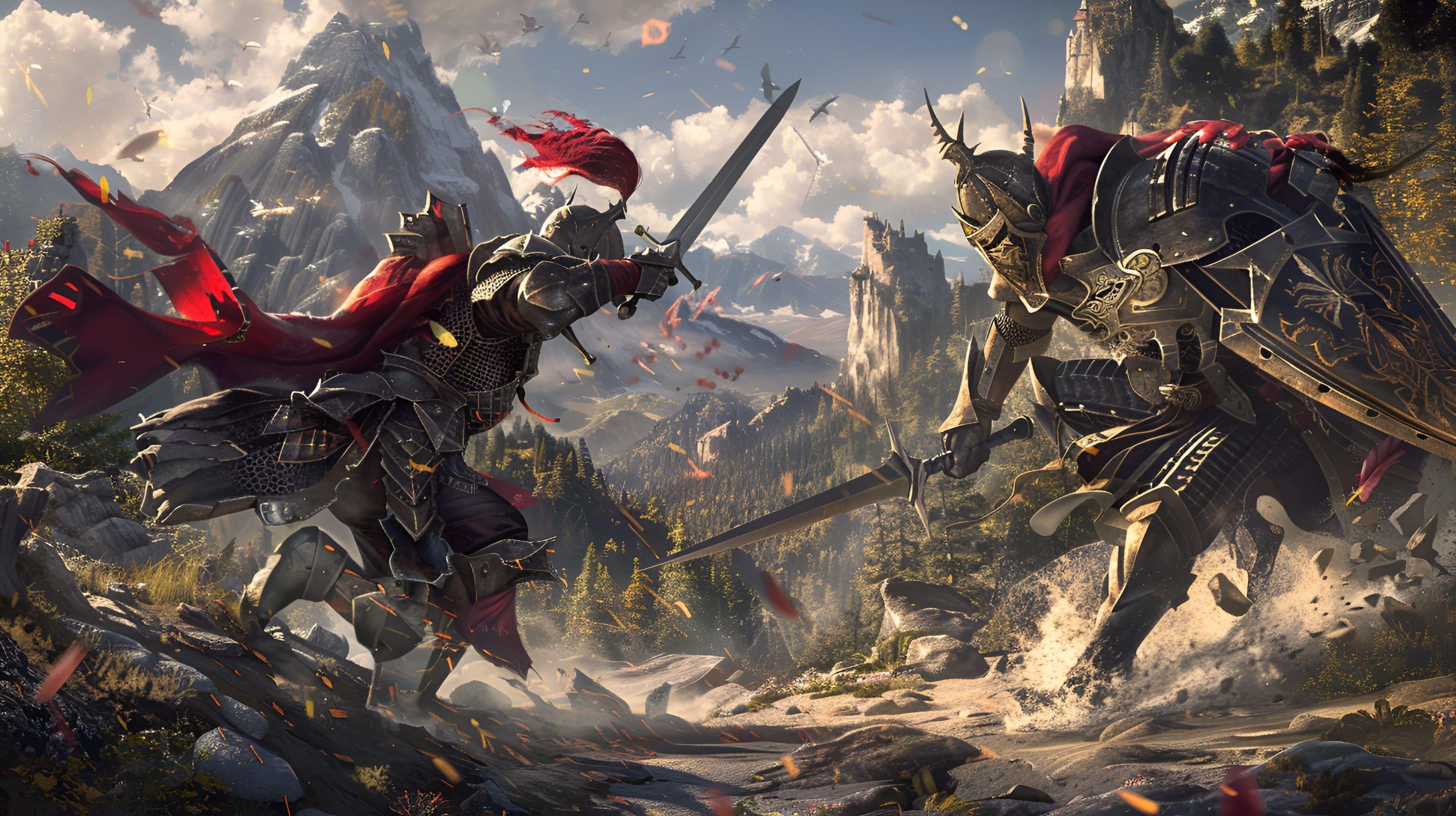 Two knights in dark red armor with swords and shields fight in a crevice