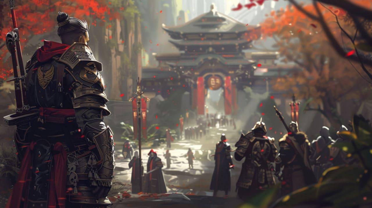 Samurai looks at a group of other samurai against the backdrop of a large gate